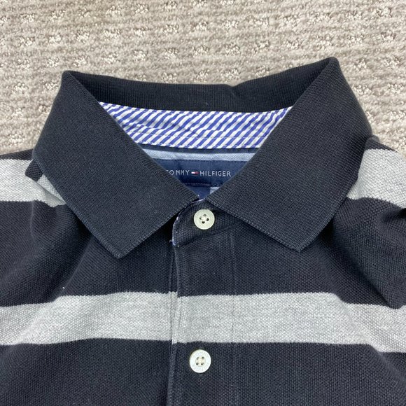 Tommy Hilfiger Polo Shirt Men Medium M Black Gray Stripe Casual Golf Embroidered - Picture 3 of 8